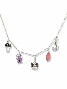 Hand Crafted • Kuromi Silver Charm Necklace with Black, Purple and Pink Accents